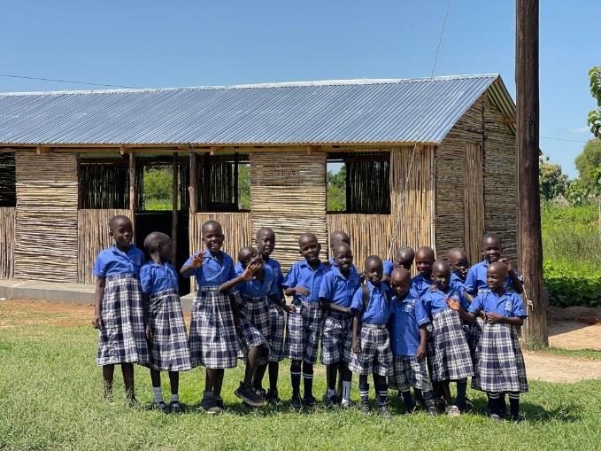 Children outside the new classroom